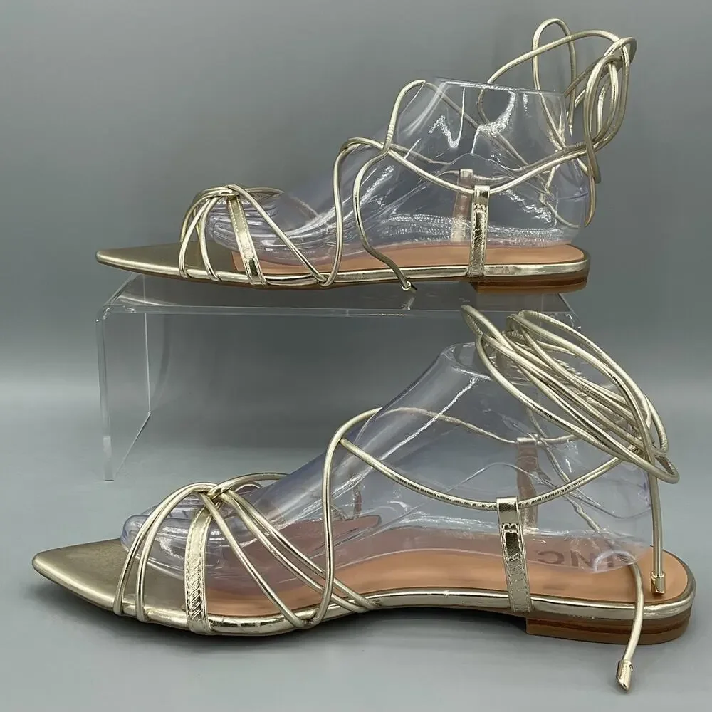 NEW INC Women’s Kharmaa Lace Up Flat Sandals Gold Size 11M